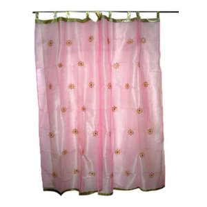 Mogul Interior - Sheer Organza Curtains Mirror Embroidered Window Panels, Pink, Set of 2 - Vibrant & stunning decor with our mirror embroidery coral organza sari curtains, add delicate sheer style to your windows.