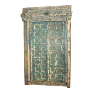 Mogul Interior - Consigned Antique Style Indian Blue Jaipur Double Door with Frame Hand Carved - The door comes from India and are a   19 century vintage pieces.