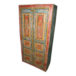 Mogul Interior - Antique Armoire Cabinet Red Blue Floral Design Indian Furniture - The cabinet comes from India and is a 19 century vintage cabinet with beautiful painted Indian motifs in great condition