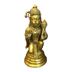 Mogul Interior - Sitting Lord Hanuman Brass Statue Hindu Decor Idol Indian Religious Gift - Sitting Hanuman Brass Statue Abhaya Hindu God Sculpture From India.