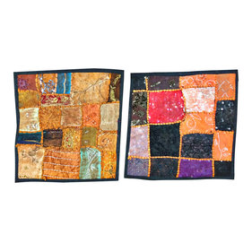Mogul Interior - 2 Decorative Cushion Covers Bohemian Home Decor Patchwork Floor Pillow Covers - The ethnic combination of gujrati embroidery and stunning vibrant colors, sari tapestry patchwork and sequin embroidered that shows India's rich cultural heritage.