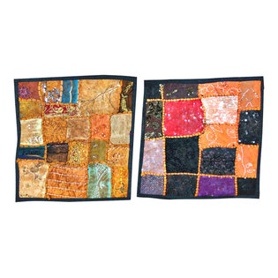 Mogul Interior - 2 Decorative Cushion Covers Bohemian Home Decor Patchwork Floor Pillow Covers - The ethnic combination of gujrati embroidery and stunning vibrant colors, sari tapestry patchwork and sequin embroidered that shows India's rich cultural heritage.