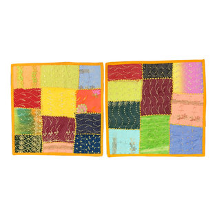 Mogul Interior - Indian Decorative Cushion Covers Patchwork Throw Pillowcase Cover 16" X 16" - The ethnic combination of gujrati embroidery and stunning vibrant colors, sari tapestry patchwork and sequin embroidered that shows India's rich cultural heritage.