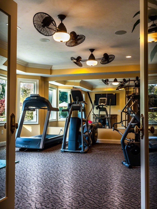 Eclectic Home Gym Wales Eclectic multiuse home gym idea with yellow walls and carpet