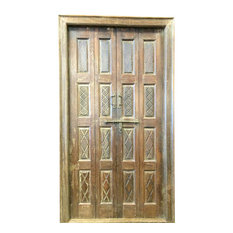 Mogul Interior - Consigned Indian Door Hand Carved Teak Rustic Wood Double Doors Yoga Decor - Rich with history and detail these set of doors will accent beautifully any room.