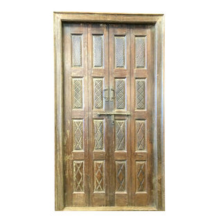 Mogul Interior - Consigned Indian Door Hand Carved Teak Rustic Wood Double Doors Yoga Decor - Rich with history and detail these set of doors will accent beautifully any room.