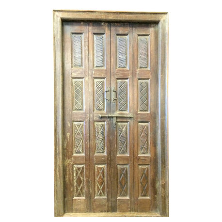 Mogul Interior - Consigned Indian Door Hand Carved Teak Rustic Wood Double Doors Yoga Decor - Interior Doors