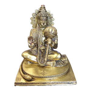 Mogulinterior - Yoga Gift- Hindu God Hanuman Statue Brass Decor Indian Religious Figurines 7.5" - Sitting Hanuman Brass Statue Abhaya Hindu God Sculpture From India.