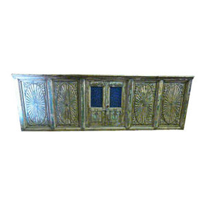 Mogul Interior - Consigned Indian Furniture Architectural Terrace Carved Window - What an amazing piece! This Indian carved window was hand constructed from a pair of 18th century Indian doors in Rajasthan, India. This window will make a great media console with ample room for components. Rare carved balcony window with colored glass