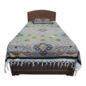 Mogul Interior - Indi Tapestry Throw Bedding Bedspreads Table Cloth Picnic Blanket & Pillow Cover - Authentic hand block printed, hand loomed cotton bedspreads.Variation and color runs are an inherent part of the hand crafting process.