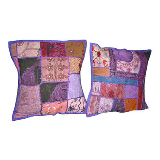 Mogul Interior - Cotton Patch Work Cushion Cover, Set of 2 - *Add a splash of ethnic ambiance to any room with ethnic combination of gujrati embroidery and stunning vibrant colors make these a spectacular pair of pillow shams.