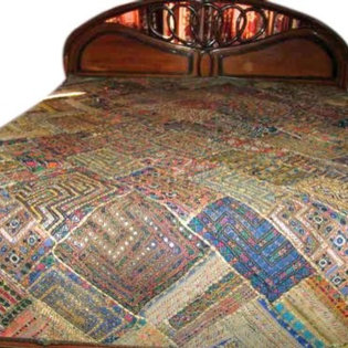 Mogul Interior - Indian Bedspread- Kutch Bedcover with Patch Work, Mirrors - Tribal mirror work Bohemain look bedspread. Handmade by Indian craftsman from antique vintage bridal saris and is really a piece of art.