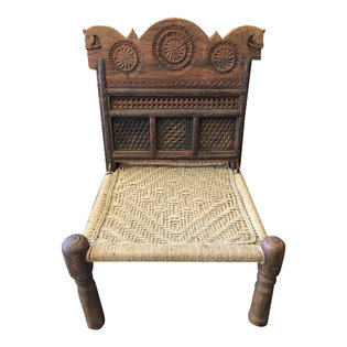Mogul Interior - Consigned Indian Tribal Rope Chairs Rajasthani Solid Rustic Chairs Wood Carving - * Indian home Furniture Beautiful horse head carving wooden chairs,living room chair,solid wood dining chairs a cozy piece of outdoor furniture, a comfortable rest upon for enjoying your outdoor spaces.