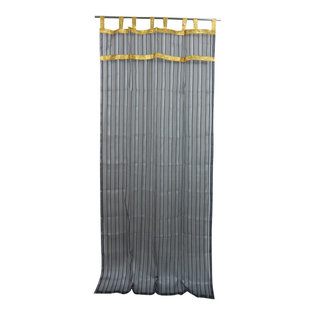 Mogul Interior - 2 Organza Sheer Curtains Black Silver Striped with Golden Border Indian Drapes, - Vibrant & stunning decor with golden lace border organza sari curtains, add delicate sheer style to your windows.