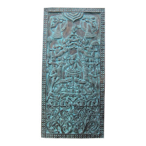 Mogul Interior - Consigned Vintage Indian Doors Blue Patina Radha Krishna Carving Wall Hanging - Hand carved wall panels of seated fluting Krishna on the double lotus flower base with fairy from India.