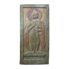 Mogul Interior - Consigned Indian Buddha Wall Panel Green Patina Door-Vitarka Mudra - The Buddha standing on double lotus base hand carved colorful door panel from India.