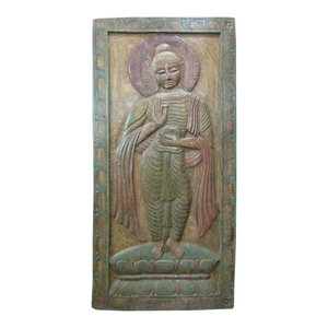 Mogul Interior - Consigned Indian Buddha Wall Panel Green Patina Door-Vitarka Mudra - The Buddha standing on double lotus base hand carved colorful door panel from India.