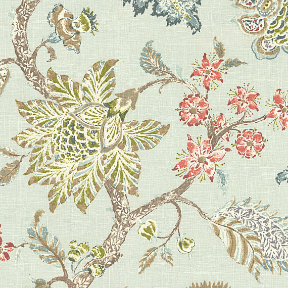 Pale Aqua Delicate Floral Linen Fabric Traditional Drapery Fabric
