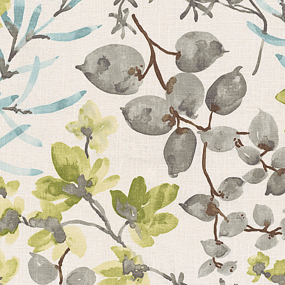 Aqua and Gray Watercolor Floral Fabric Contemporary Drapery Fabric