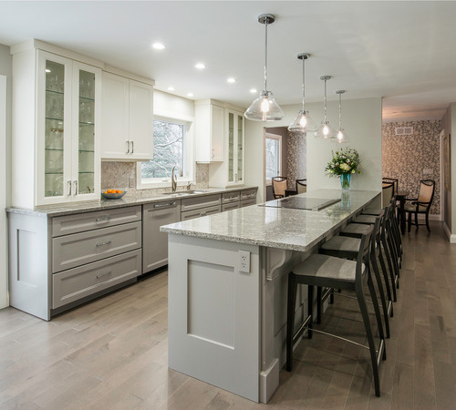 Kitchen Island White Upper Cabinets Grey Paint Wall Cabinets Blue Gray Kitchen Painted Cabinets Dark Floors White Walls Light Shades Gray Backsplash Wooden Shelves Wooden Countertops Concrete Floor Marble Island Lower Cabinets