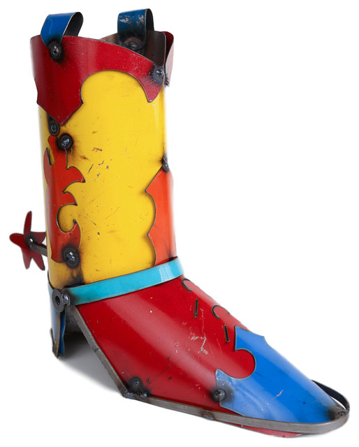 Recycled Metal Cowboy Boot Planter, MultiColored, Large Rustic