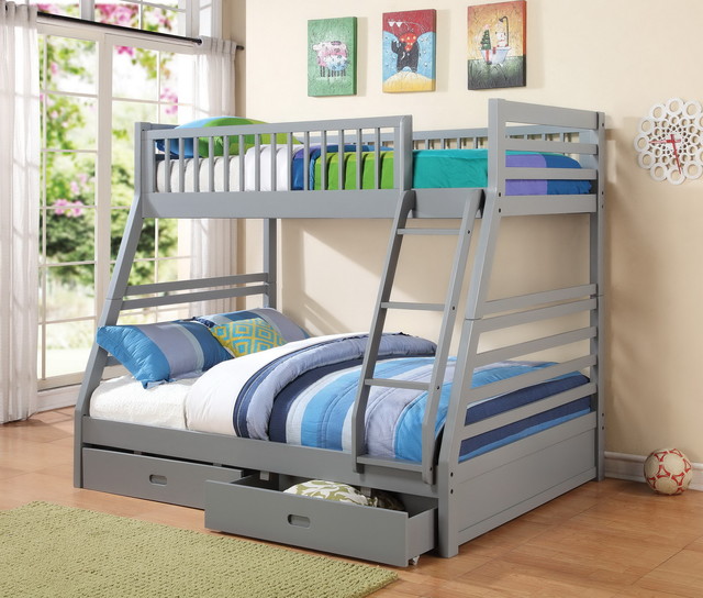 Grey Twin over Full Bunk Bed with Storage Drawers Modern Bunk Beds