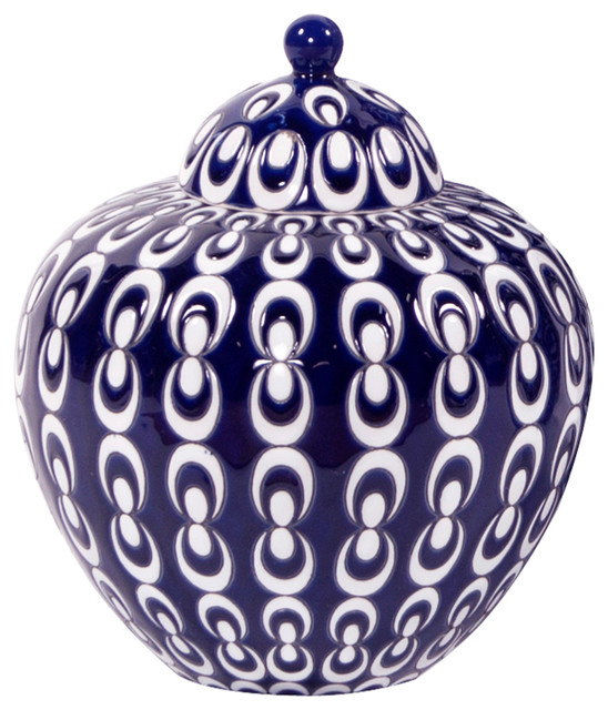 Howard Elliott Navy Blue and White Textured Ceramic Urn w/Lid, Small