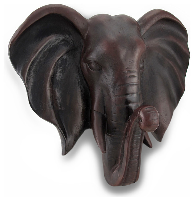 Mahogany Brown Finished Elephant Head Wall Hanging Traditional Wall