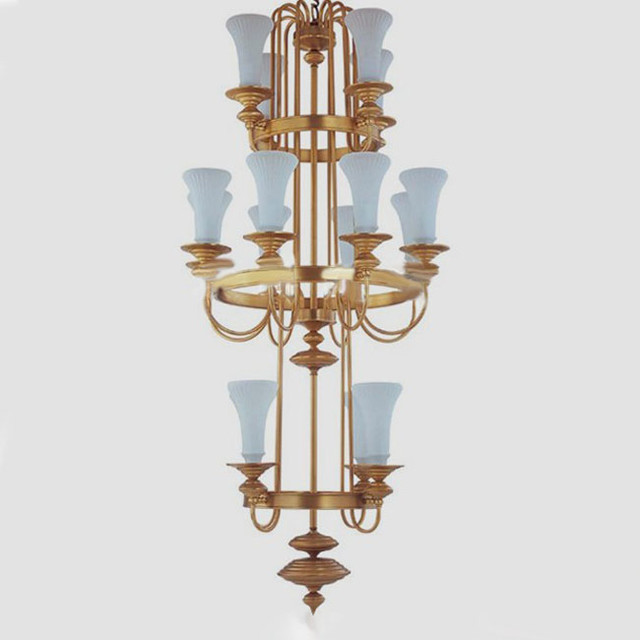 Antique Complete Copper and White Glass Shades Chandelier