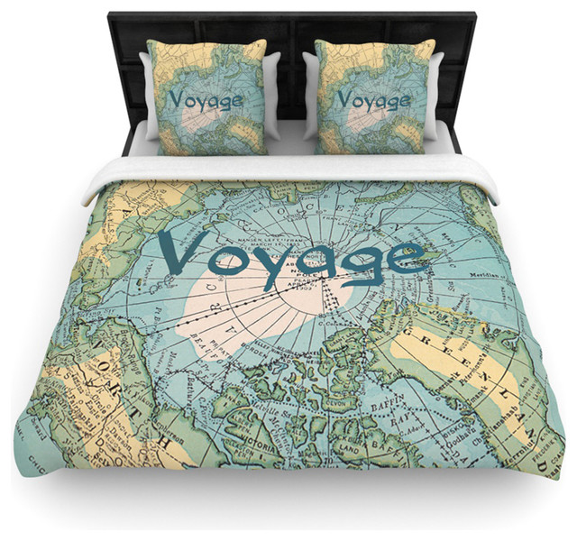 Catherine "Voyage" Teal Map Cotton Duvet Cover, Queen, 88"x88