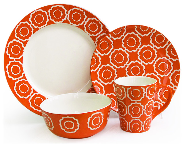 Trellis Dinnerware, 16Piece Set, Orange Contemporary Dinnerware Sets