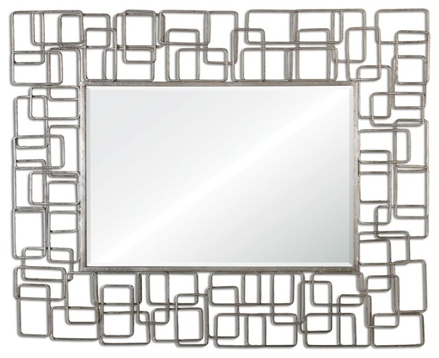 54" Abstract Metal Geometric Silver Wall Mirror Contemporary Wall