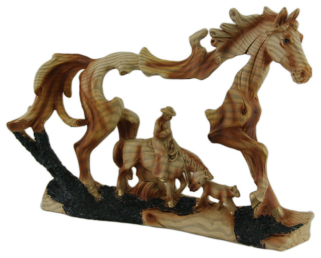 Horse and Cowboy Faux Wood Carving Statue - Southwestern ...