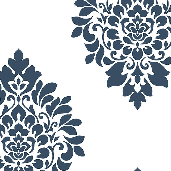 Modern Damask Wallpaper, Navy Blue & White, 1 Bolt Transitional