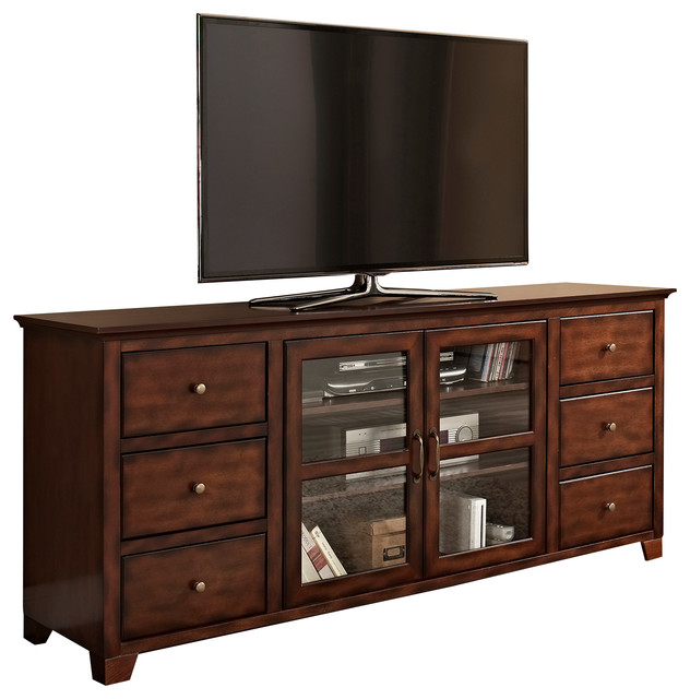 70" Brown Wood Highboy TV Stand Transitional Entertainment Centers