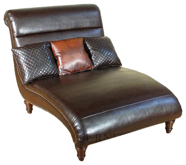 Bonded Brown Leather Double Chaise Lounge With Pillows - Traditional