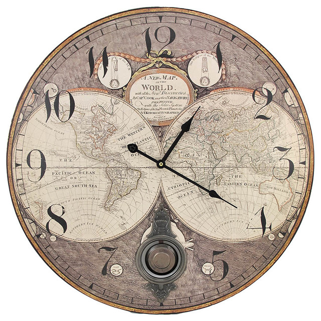 Old World Map 23 Inch Diameter Pendulum Wall Clock Traditional Wall
