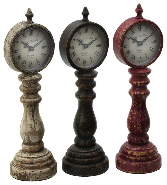 Beige and Brown Finish Set 3 Table Clock Accent Farmhouse Desk And