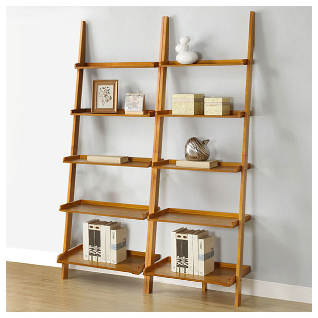 Oak Fivetier 2piece Leaning Ladder Shelf Set Contemporary Display