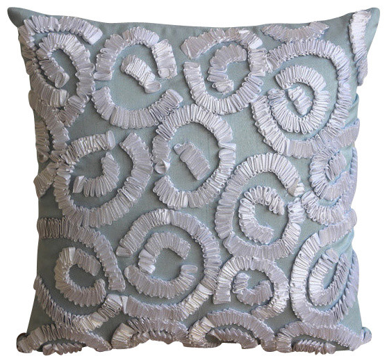 White Sizzle Light Blue Silk Throw Pillow Cover, 14x14 - Contemporary - Scatter Cushions - by ...