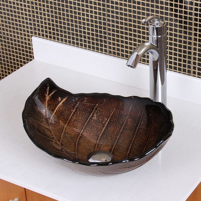 Elite Fall/ 882002 Tempered Glass Leaf Design Bathroom Vessel Sink and