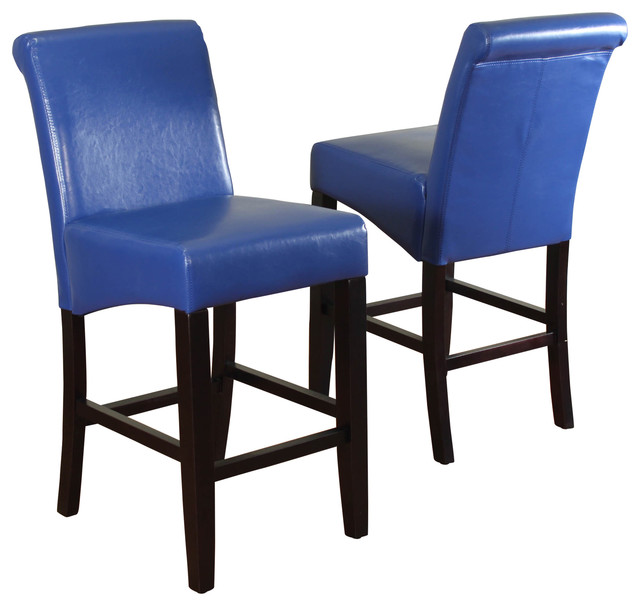 Milan Faux Leather Counter Stools, Set of 2, Blue Modern Bar Stools