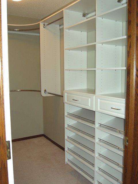 Eclectic Closet Calgary Master Bedroom Closet with shoe shelving on drawer towers eclectic-closet