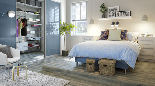 Contemporary Bedroom with Blue Gloss Sliding Doors