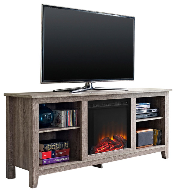 58" Driftwood TV Stand With Fireplace Insert Beach Style Entertainment Centers And Tv Stands