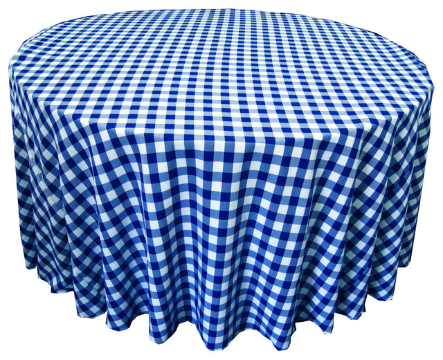 Round Gingham Checkered Tablecloth, White and Royal Blue, 132" Round