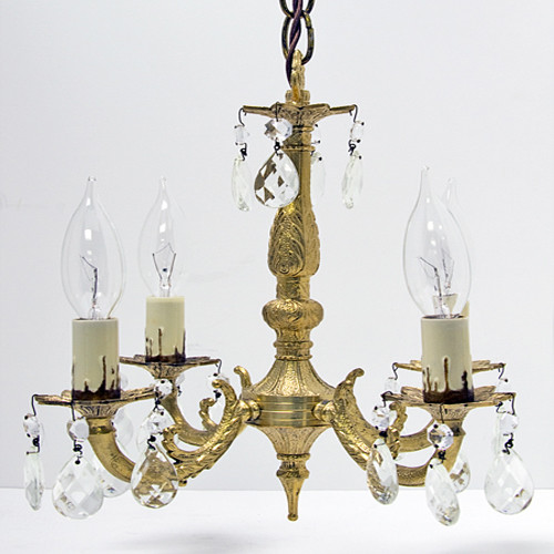 Vintage 4Arm Petite Brass Chandelier with Crystal Prisms Traditional
