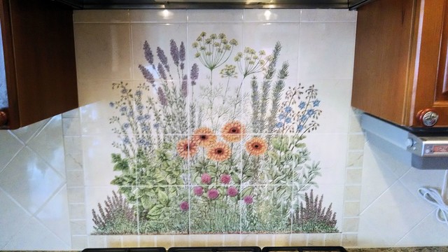 "Flowering Herb Garden" decorative kitchen backsplash tile ...
