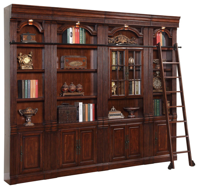 Library 4Piece Inset Bookcase Wall With Ladder, Brown Mahogany
