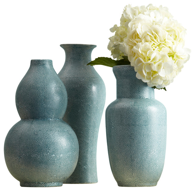 Turquoise Shagreen Vases, Set of 3 Transitional Vases by Two's